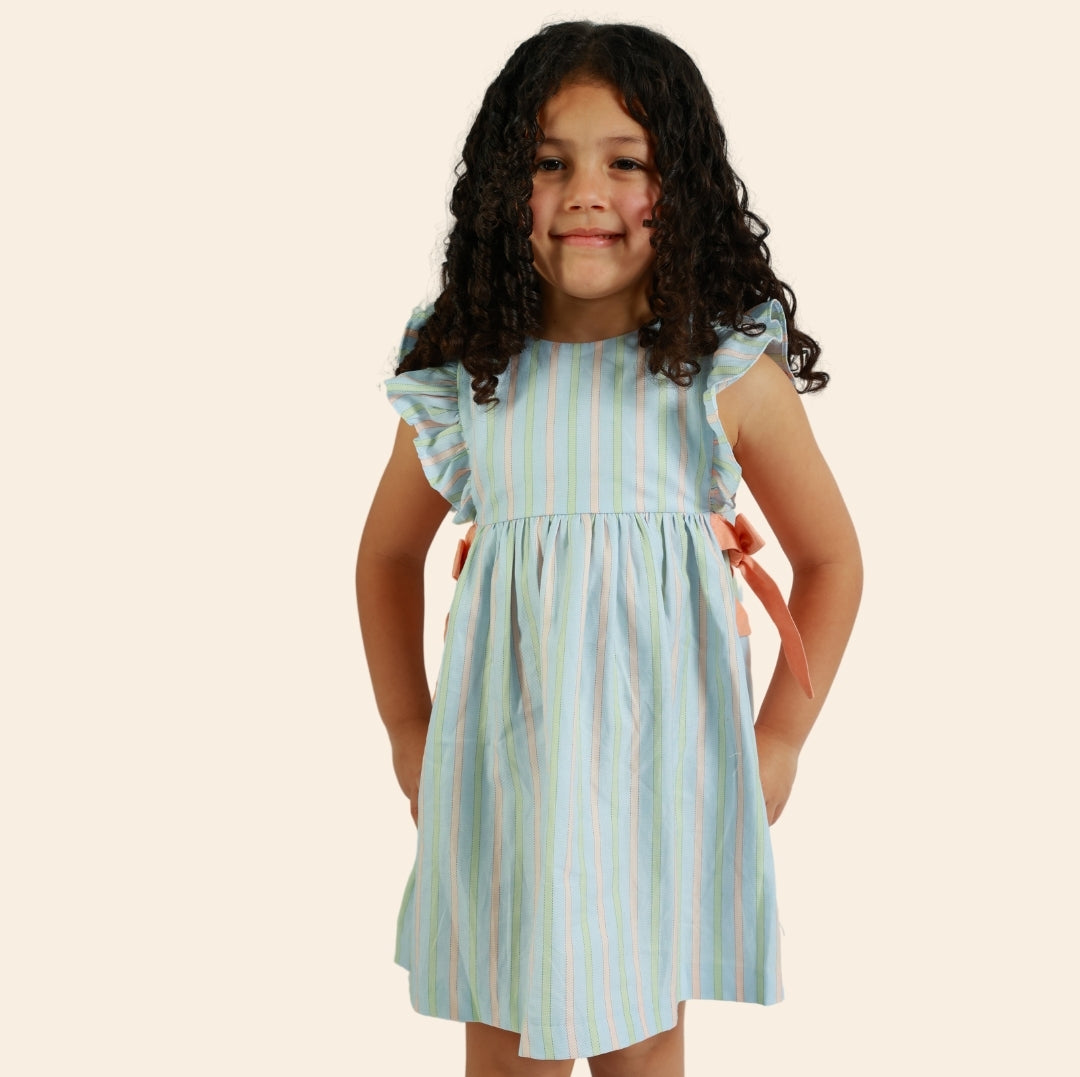 Robe Loly bleu ciel rayée corail