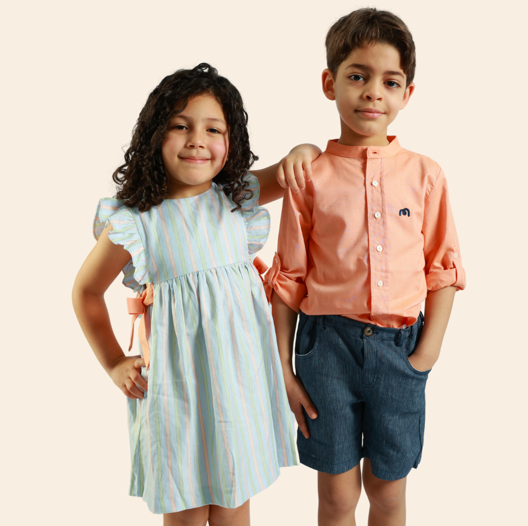 Robe Loly bleu ciel rayée corail