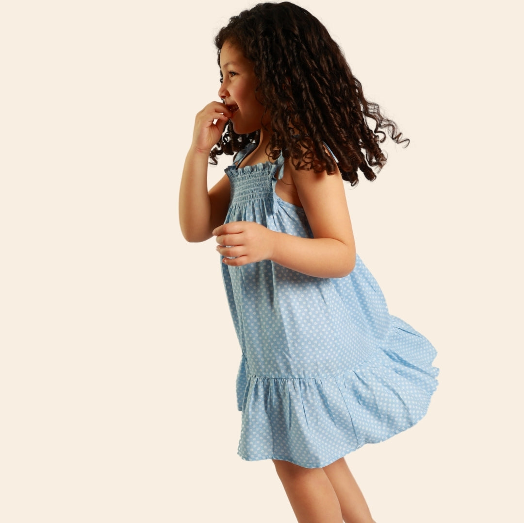 Robe Ania bleu ciel fleurie à bretelles