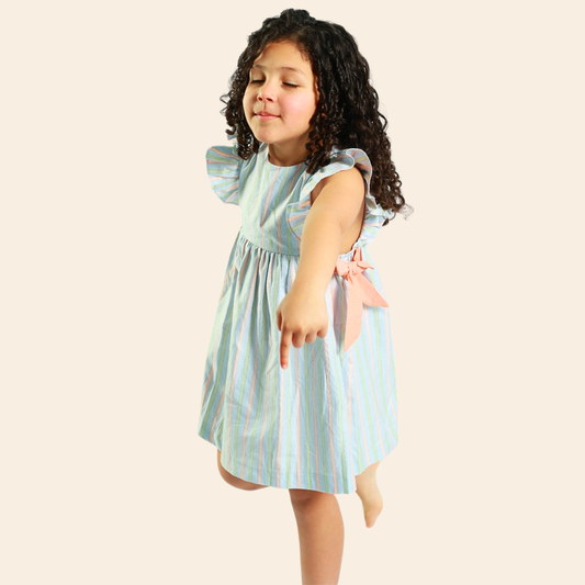 Robe Loly bleu ciel rayée corail
