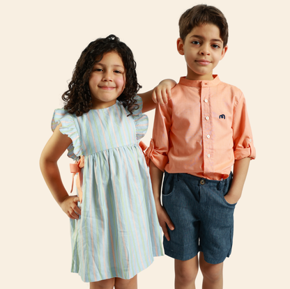 Robe Loly bleu ciel rayée corail