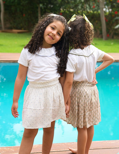 Ensemble Loly jupe beige imprimée et haut  blanc et vert bouteille