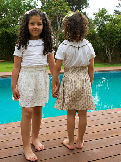 Ensemble Loly jupe beige imprimée et haut  blanc et vert bouteille